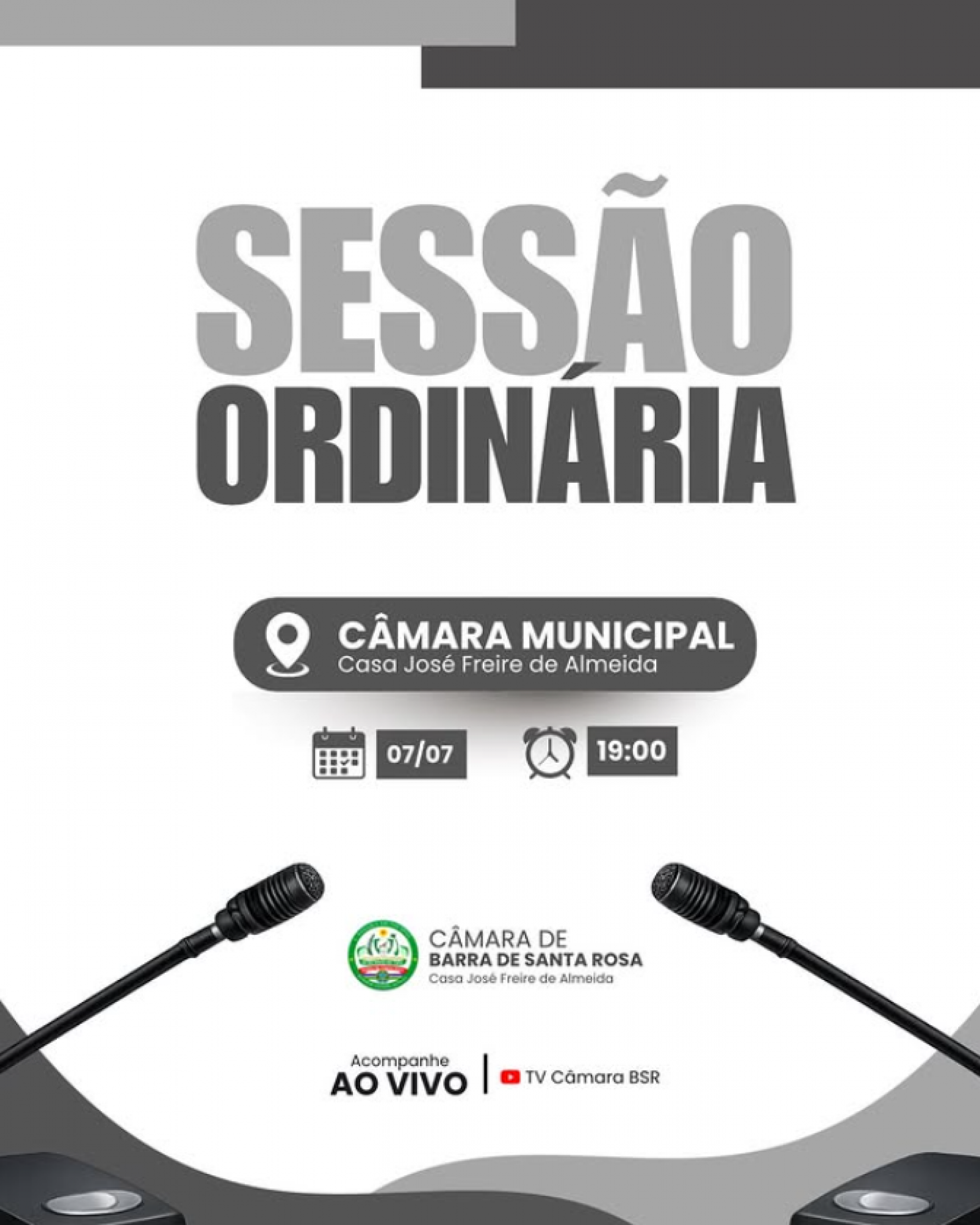 📢 A Câmara Municipal convida toda a população para participar da Sessão Ordinária.